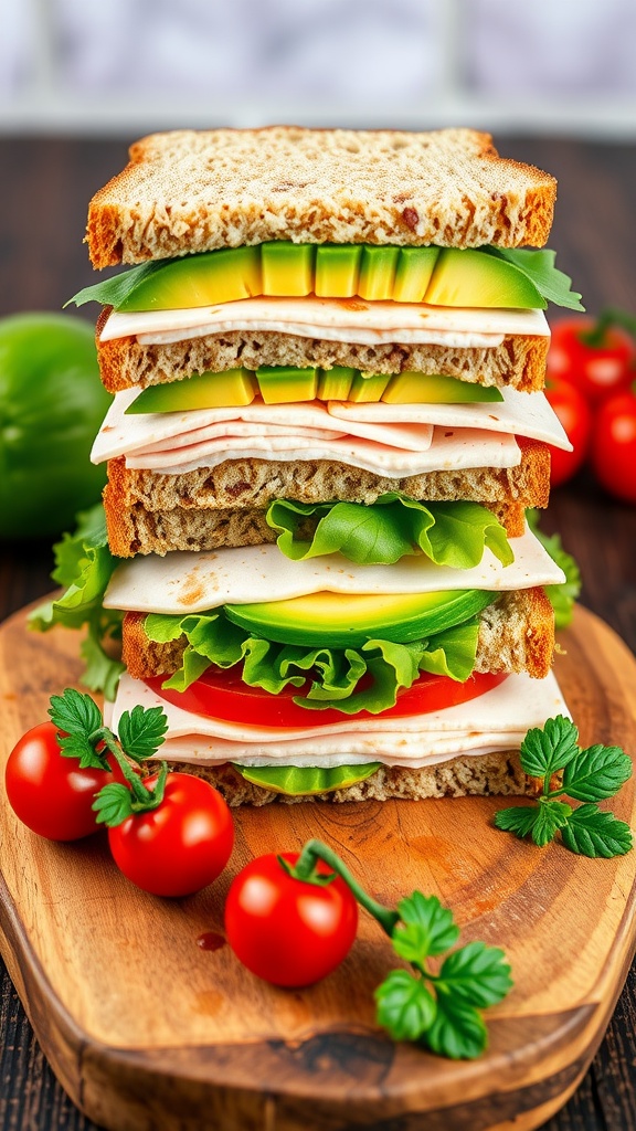 Avocado and turkey sandwich with lettuce and tomato on a wooden board.